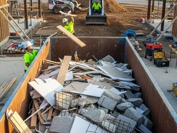 Construction debris dumpster rental 30 yard construction dumpster filled with drywall and concrete debris on a Dothan jobsite
