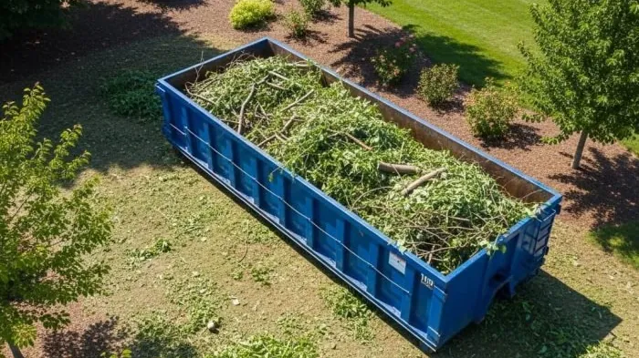 Our dumpster rental process in Dothan Roll-off dumpster loaded with yard waste and branches in Dothan, AL
