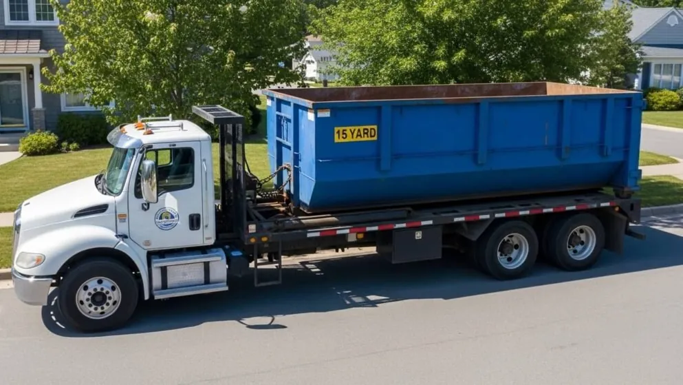 Local dumpster rental service in Dothan Big Joey's roll-off truck delivering a dumpster on a Dothan, AL street